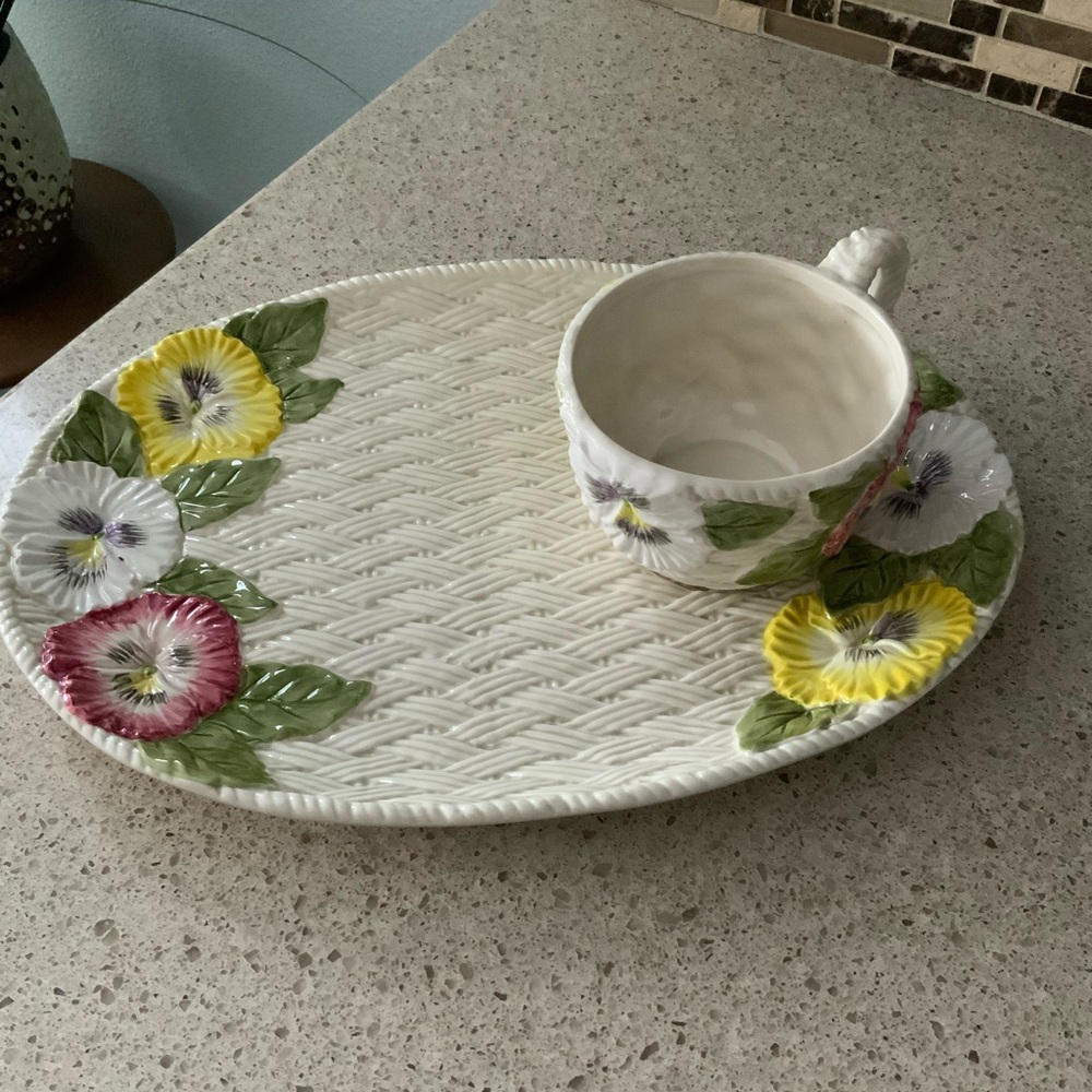 Never used Fitz & Floyd Pansy Parade snack plate and cup set.